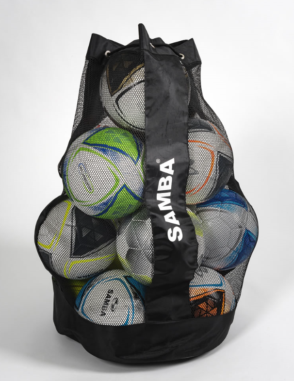 The Samba Sports Mesh Ball Sack holds 12 size 5 footballs and features a black mesh design labeled "SAMBA." Shown filled with colorful soccer balls (white, green, blue, orange) against a plain white background.