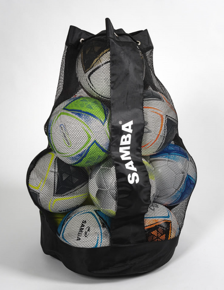 The Samba Sports Mesh Ball Sack holds 12 size 5 footballs and features a black mesh design labeled "SAMBA." Shown filled with colorful soccer balls (white, green, blue, orange) against a plain white background.