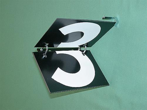 A black Telegraph Number plate by R J Hill Engineering, made from anti-glare plastic, displays large white 3 and 5 digits partially open on a green wall, with both numbers styled for partial visibility.