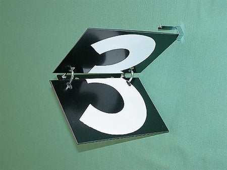 A black Telegraph Number plate by R J Hill Engineering, made from anti-glare plastic, displays large white 3 and 5 digits partially open on a green wall, with both numbers styled for partial visibility.