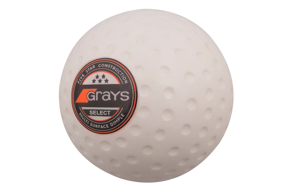 A Grays Select Hockey Ball in white, with a dimpled texture and a black, orange, and silver logo, is shown on a plain white background. This premium quality ball from Grays is FIH approved for top field hockey performance.