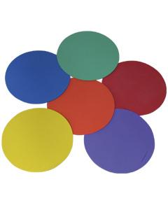 Six large, solid-colored Precision Training Sequencing Discs by Precision Training—green, red, purple, yellow, orange, and blue—are slightly overlapping in a flower-like layout on a white background to promote positioning skills.