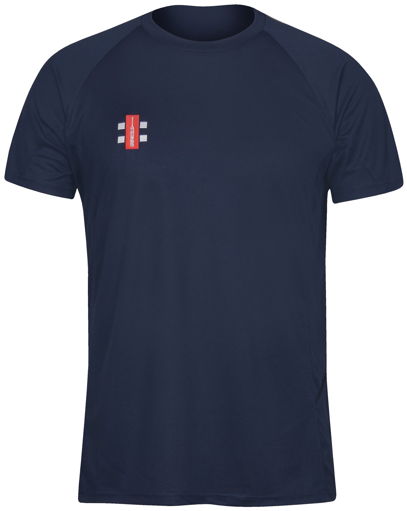 The Kempton CC Matrix V2 T Shirt by Gray Nicolls is a navy blue short-sleeve athletic tee featuring a small red and white embroidered Club Logo on the left chest—perfect classic training wear.