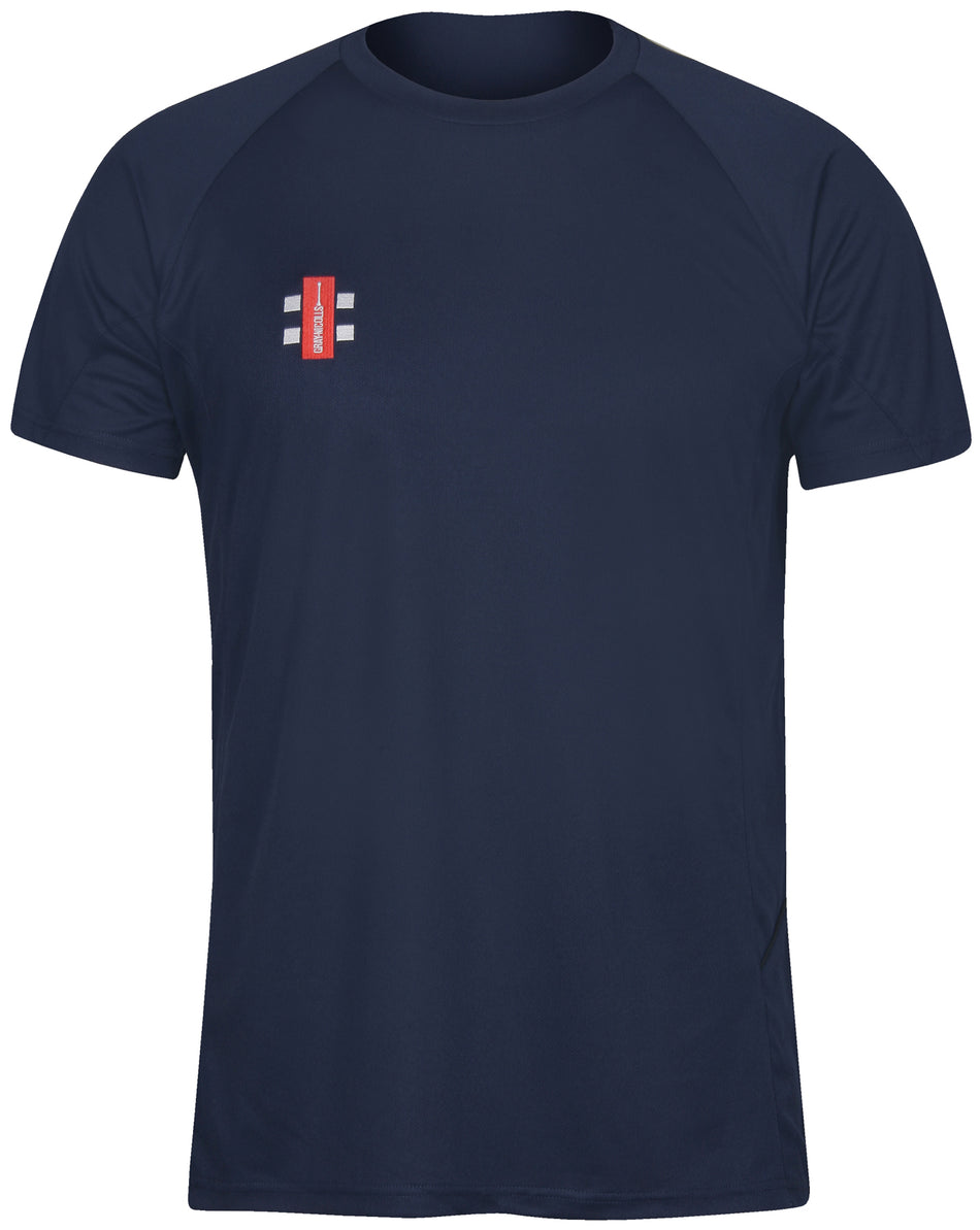 The Kempton CC Matrix V2 T Shirt by Gray Nicolls is a navy blue short-sleeve athletic tee featuring a small red and white embroidered Club Logo on the left chest—perfect classic training wear.