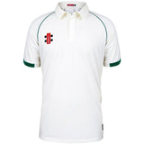 The Hillesley CC Matrix V2 Short Sleeve Match Shirt by Martin Berrill Sports is a white cricket shirt with green-trimmed sleeves and collar, plus a red and black logo on the left chest—ideal for comfortable match play.