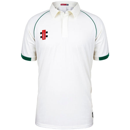 The Gray Nicolls Westbury-on-Severn CC Matrix V2 Short Sleeve Match Shirt is white with a collar, green trim on sleeves and shoulders, and features a red and black logo on the left chest.
