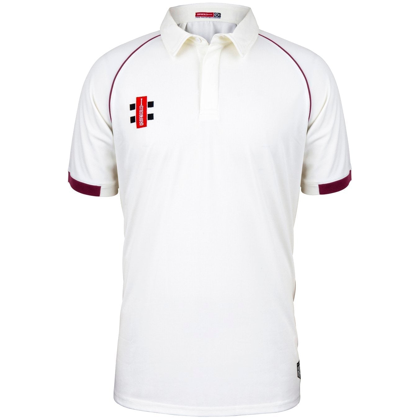 The Stanway CC Matrix V2 Short Sleeve Match Shirt by Martin Berrill Sports is a white match shirt with maroon trim on the sleeves and collar, featuring a red and black logo on the left chest.