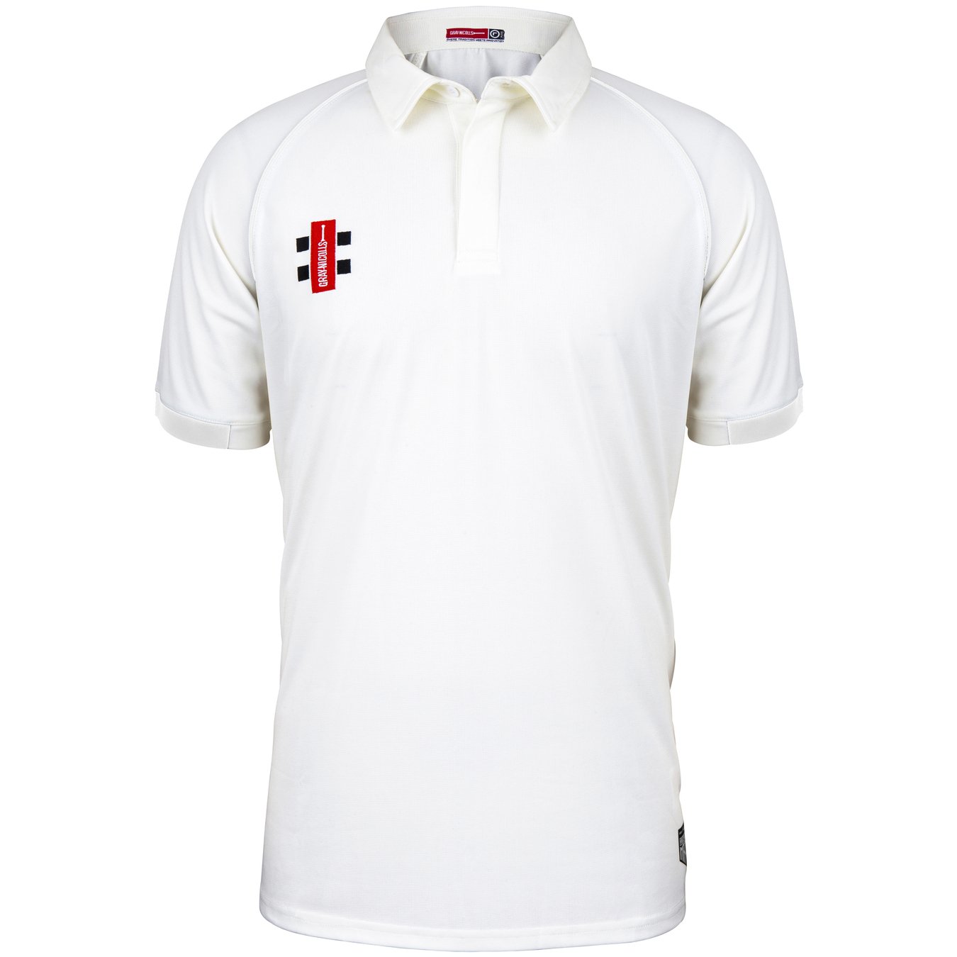 The Burwash CC Matrix V2 Short Sleeve Match Shirt by Martin Berrill Sports is a plain white cricket shirt with short sleeves, a collar, and a red, black, and white logo on the left chest. Made from lightweight polyester for match-day comfort.