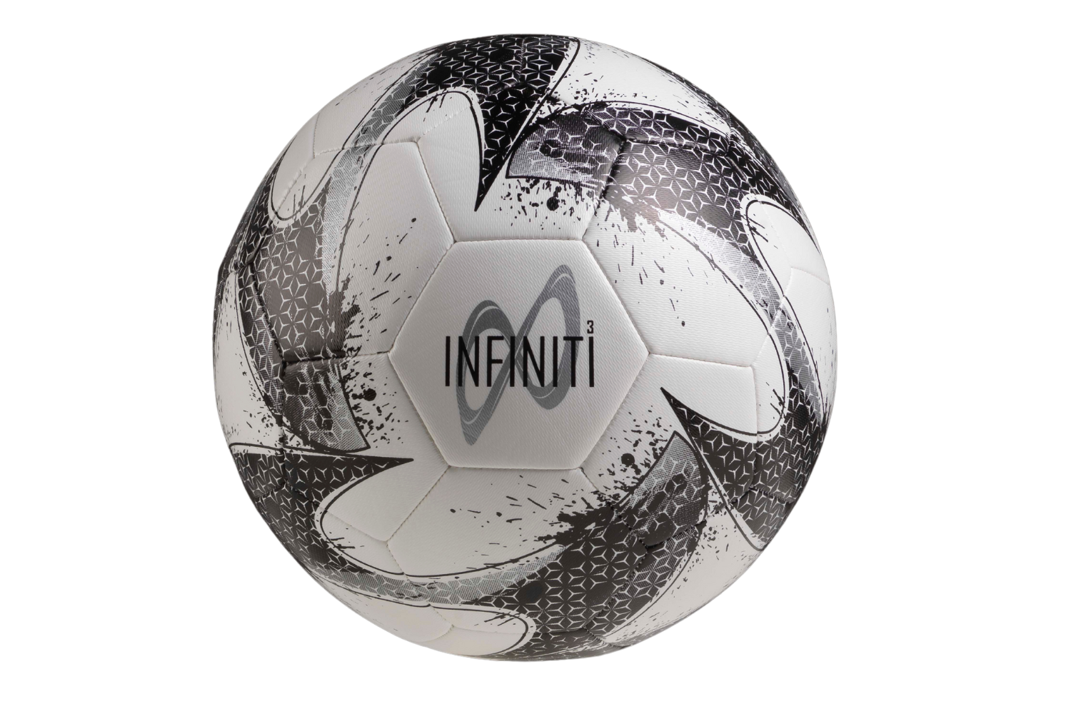 The Samba Sports Infiniti Training Ball 2023 features a silver, white, and black design with geometric and splatter patterns, 32 panels, and "INFINITI³" boldly printed on one panel.