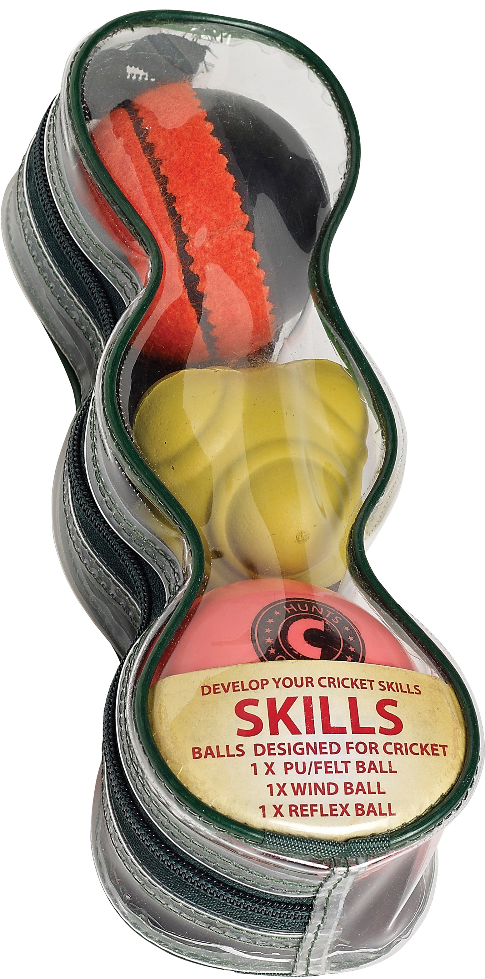The Hunts County Rebound Net with Skill Ball Set includes a zippered pouch containing a red PU/Felt ball, yellow Wind ball, and Reflex Trainer ball—ideal for developing cricket skills. Perfect for practice with the rebound net.