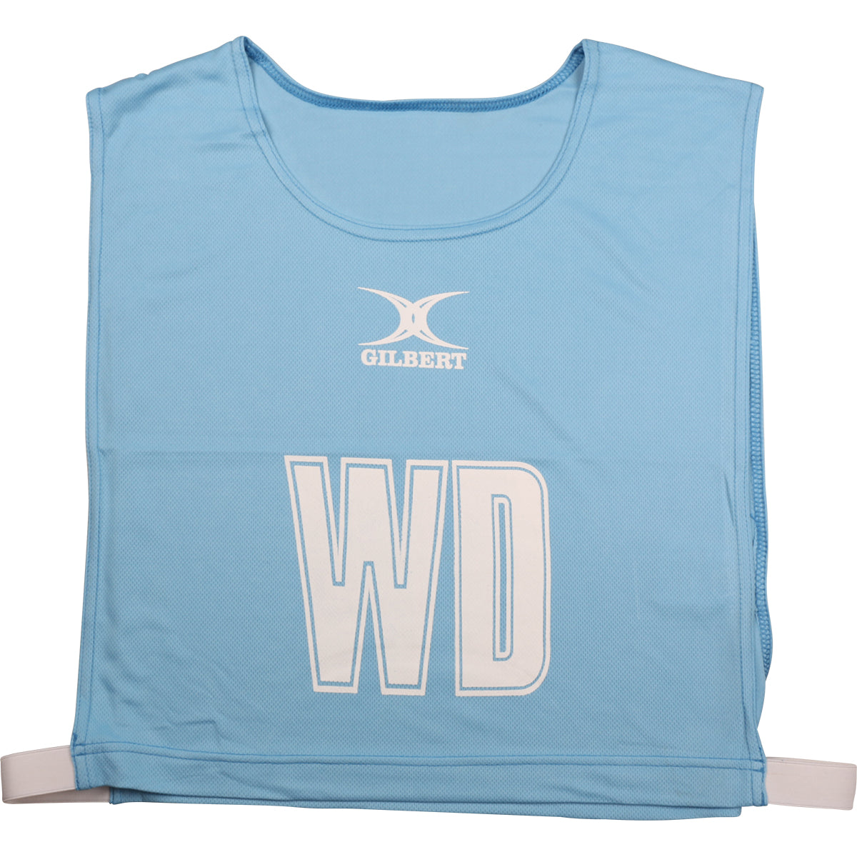 The Gilbert Netball Bibs in Sky feature large white "WD" letters on the front, the Gilbert brand name above them, and are made from breathable polyester for comfort during play.