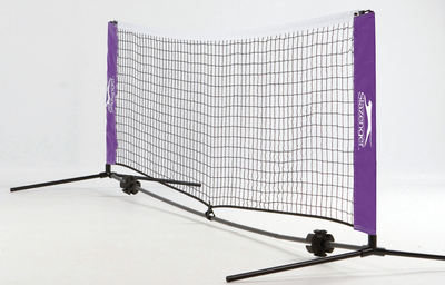 The Slazenger 6M Mini Tennis Posts and Net features a sturdy frame, black mesh netting, and purple side posts with stabilizing legs and wheels—ideal for portable practice or anyone seeking quality Slazenger tennis equipment.