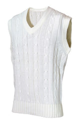 The Hunts County Plain Cricket Slipover is a sleeveless white cable knit sweater vest with a V-neck, featuring ribbed hem, armholes, and neck, shown on a white background.