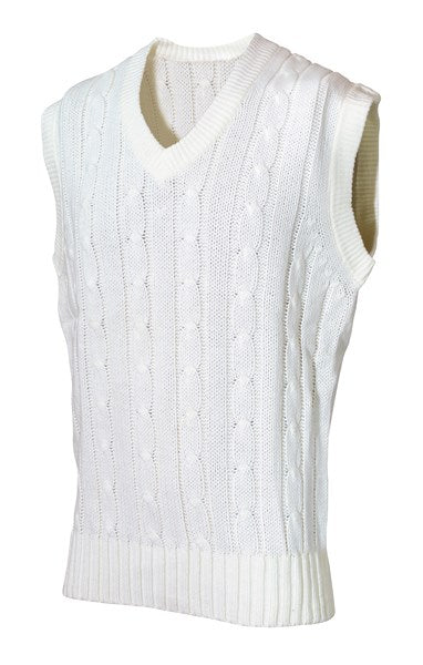 The Hunts County Plain Cricket Slipover is a sleeveless white cable knit sweater vest with a V-neck, featuring ribbed hem, armholes, and neck, shown on a white background.