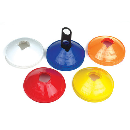Five Precision Training Space Markers—white, blue, orange, red & yellow—are arranged in a circle. The blue marker holds a black handle for stacking and carrying these low profile markers by Precision Training.