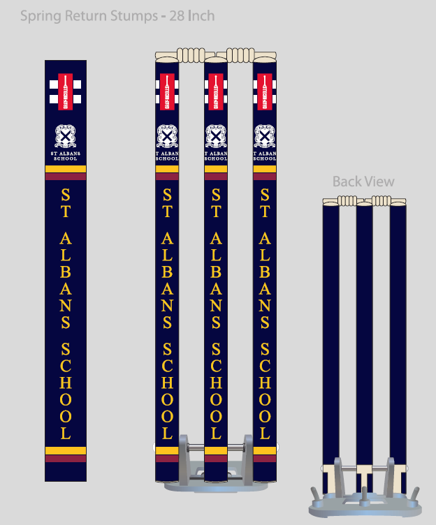 Illustration of three Gray Nicolls Custom Printed Spring Back Stumps labeled St Albans School in yellow on navy, shown front and back, with metal spring return bases.