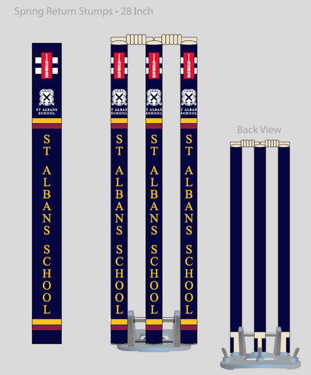 Illustration of three Gray Nicolls Custom Printed Spring Back Stumps labeled St Albans School in yellow on navy, shown front and back, with metal spring return bases.