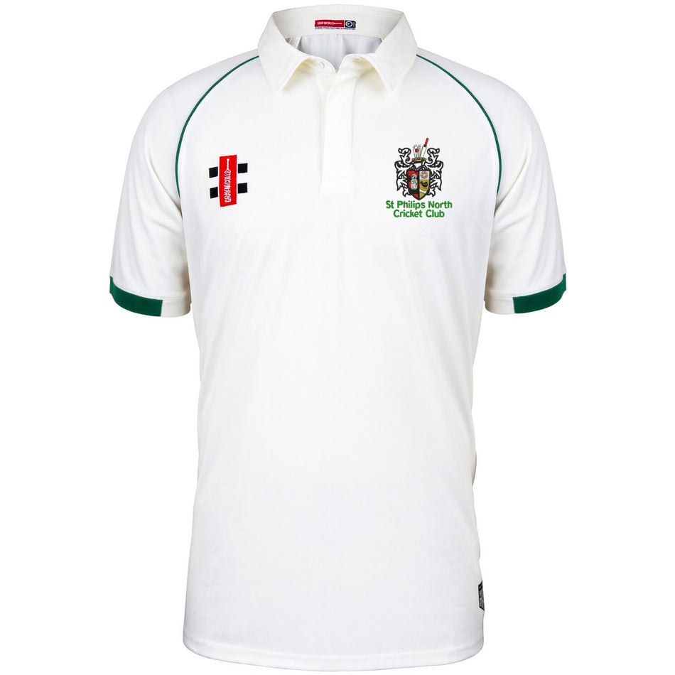 The St Philips North CC Matrix V2 Short Sleeve Match Shirt by Martin Berrill Sports is a white match shirt with green accents on the collar and sleeves, featuring embroidered logos and text on both sides of the chest.