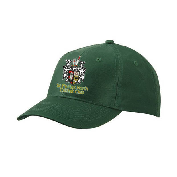 The St Philips North CC Baseball Cap by Martin Berrill Sports is a dark green cap featuring the club’s crest—a shield with decorative details—and yellow "St Philips North Cricket Club" text below.