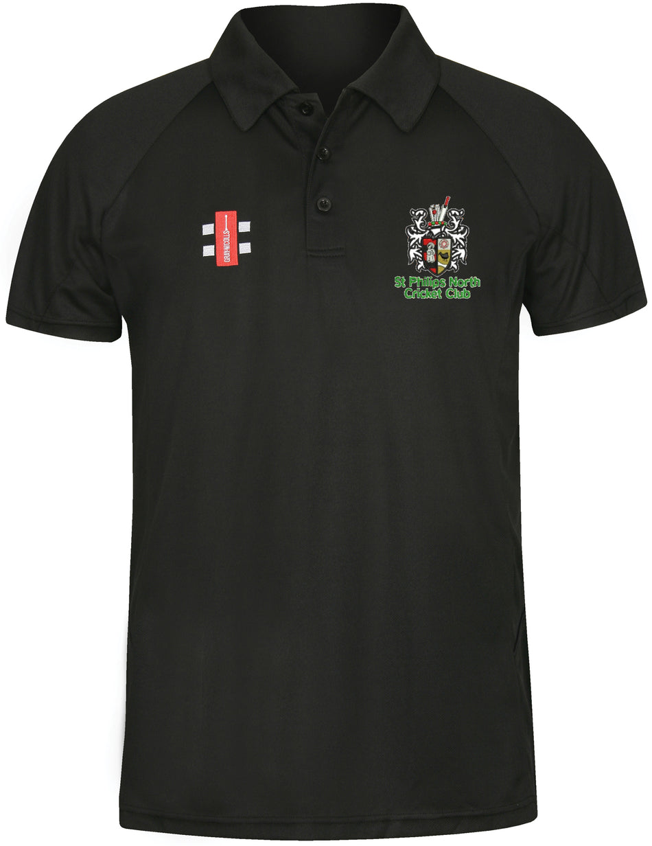 The Gray Nicolls St Philips North CC Matrix V2 Black Polo Shirt features two chest logos—a red and white one on the left and a detailed club crest—making it an ideal moisture-wicking polo for active training.