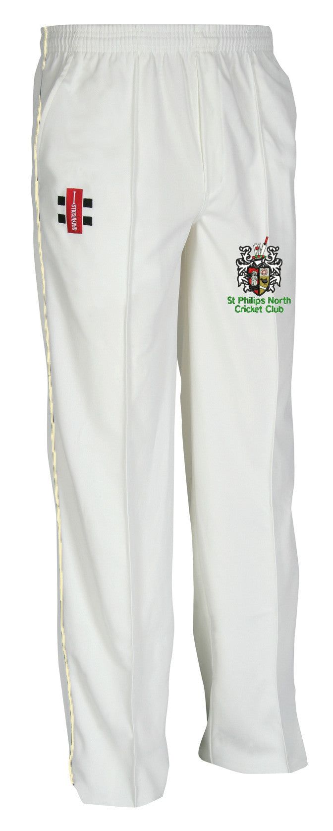 The Gray Nicolls St Philips North CC Matrix V2 Cricket Trouser features a tapered fit, elastic waistband, red/black logo on the right thigh, club crest with green text on the left, and moisture-control for comfort on the field.