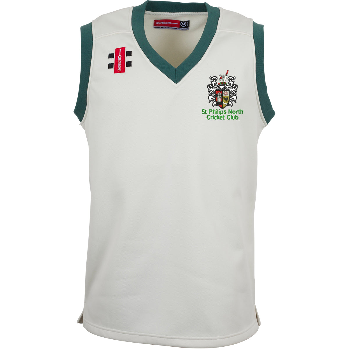 The Gray Nicolls St Philips North CC Pro Performance Slipover is sleeveless, white with green trim, made from lightweight bonded fabric. It features the St Philips North Cricket Club logo left chest and two logos on the right chest.