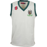 The Gray Nicolls St Philips North CC Pro Performance Slipover is sleeveless, white with green trim, made from lightweight bonded fabric. It features the St Philips North Cricket Club logo left chest and two logos on the right chest.