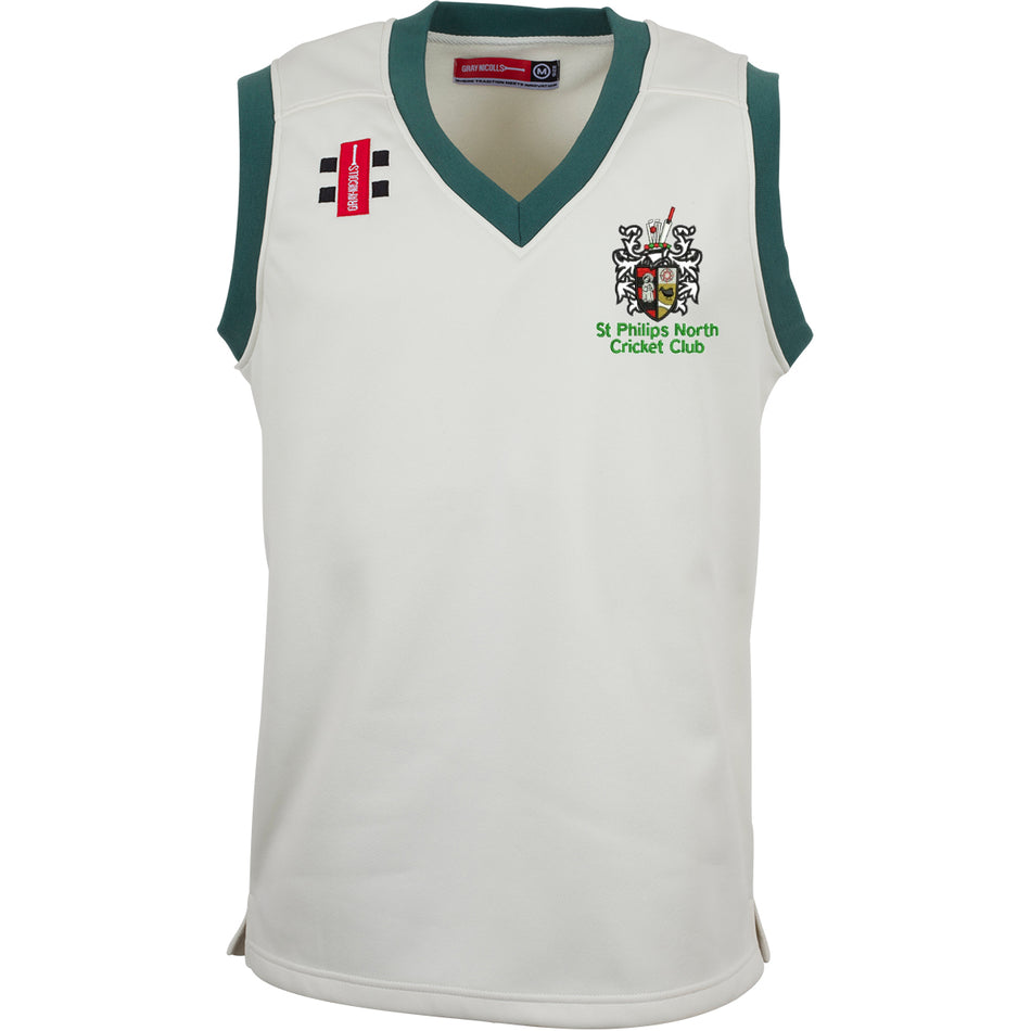 The Gray Nicolls St Philips North CC Pro Performance Slipover is sleeveless, white with green trim, made from lightweight bonded fabric. It features the St Philips North Cricket Club logo left chest and two logos on the right chest.