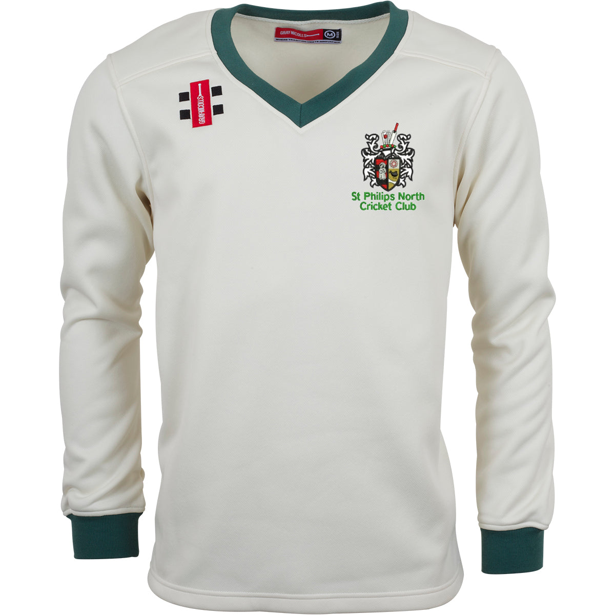 The Gray Nicolls St Philips North CC Pro Performance Sweater is a cream long-sleeved top with green cuffs and collar, the club crest and text on the left chest, and two sponsor logos on the right shoulder.