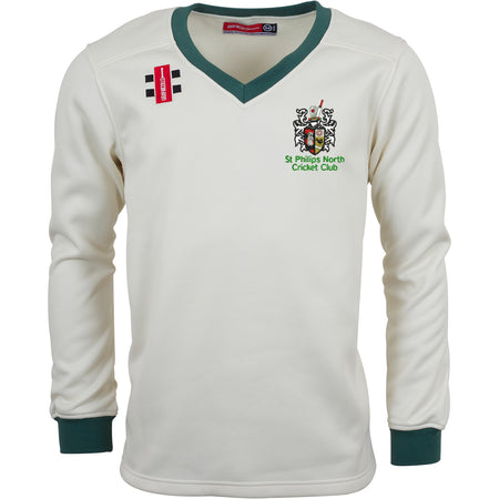 The Gray Nicolls St Philips North CC Pro Performance Sweater is a cream long-sleeved top with green cuffs and collar, the club crest and text on the left chest, and two sponsor logos on the right shoulder.