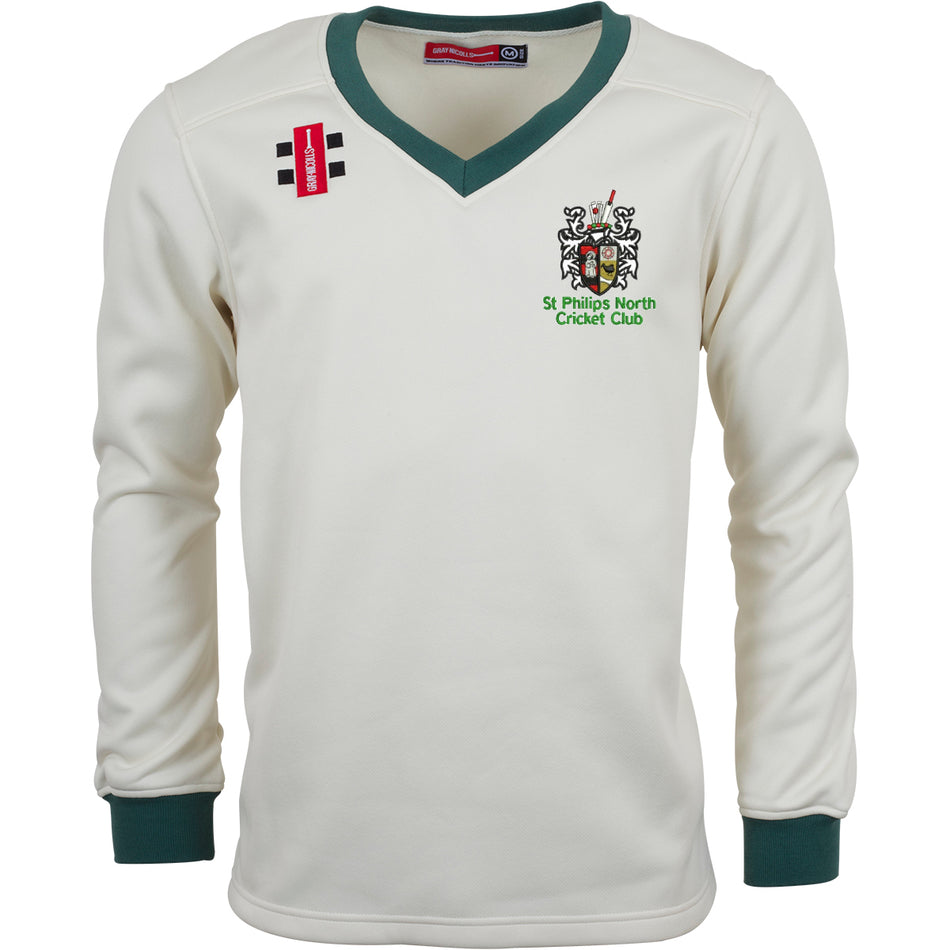 The Gray Nicolls St Philips North CC Pro Performance Sweater is a cream long-sleeved top with green cuffs and collar, the club crest and text on the left chest, and two sponsor logos on the right shoulder.