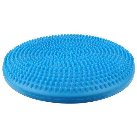 The Urban Fitness Stability Cushion by Urban Fitness is a blue disc with raised bumps, designed to enhance coordination and balance during exercise, balance training, and physical therapy. Pump included.