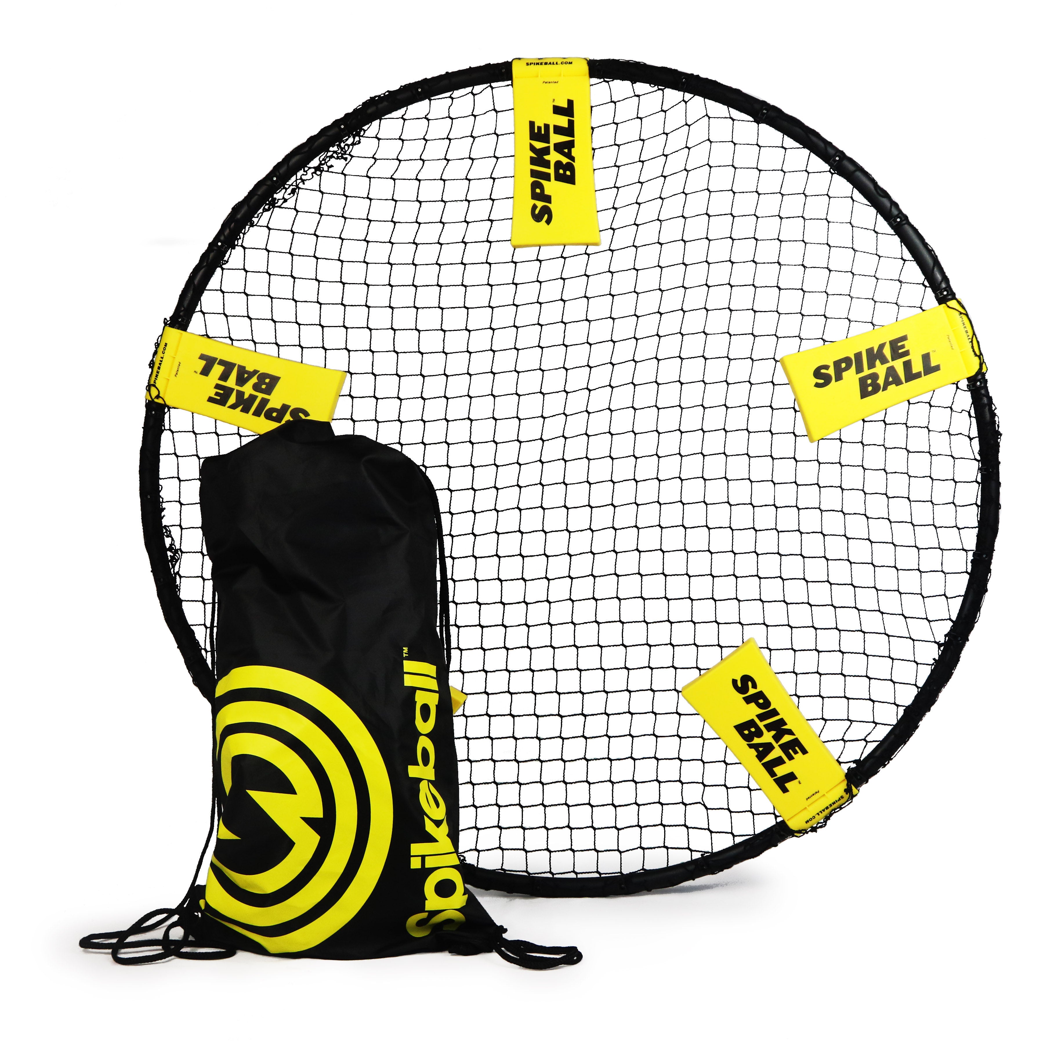 The Kankakee Spikeball Standard Set, featuring an adjustable net with four yellow "Spikeball" corners and a black drawstring bag with the yellow logo, makes for an ideal outdoor sports game setup.