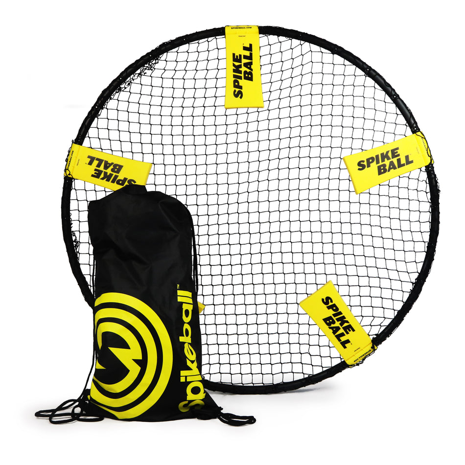 The Kankakee Spikeball Standard Set, featuring an adjustable net with four yellow "Spikeball" corners and a black drawstring bag with the yellow logo, makes for an ideal outdoor sports game setup.