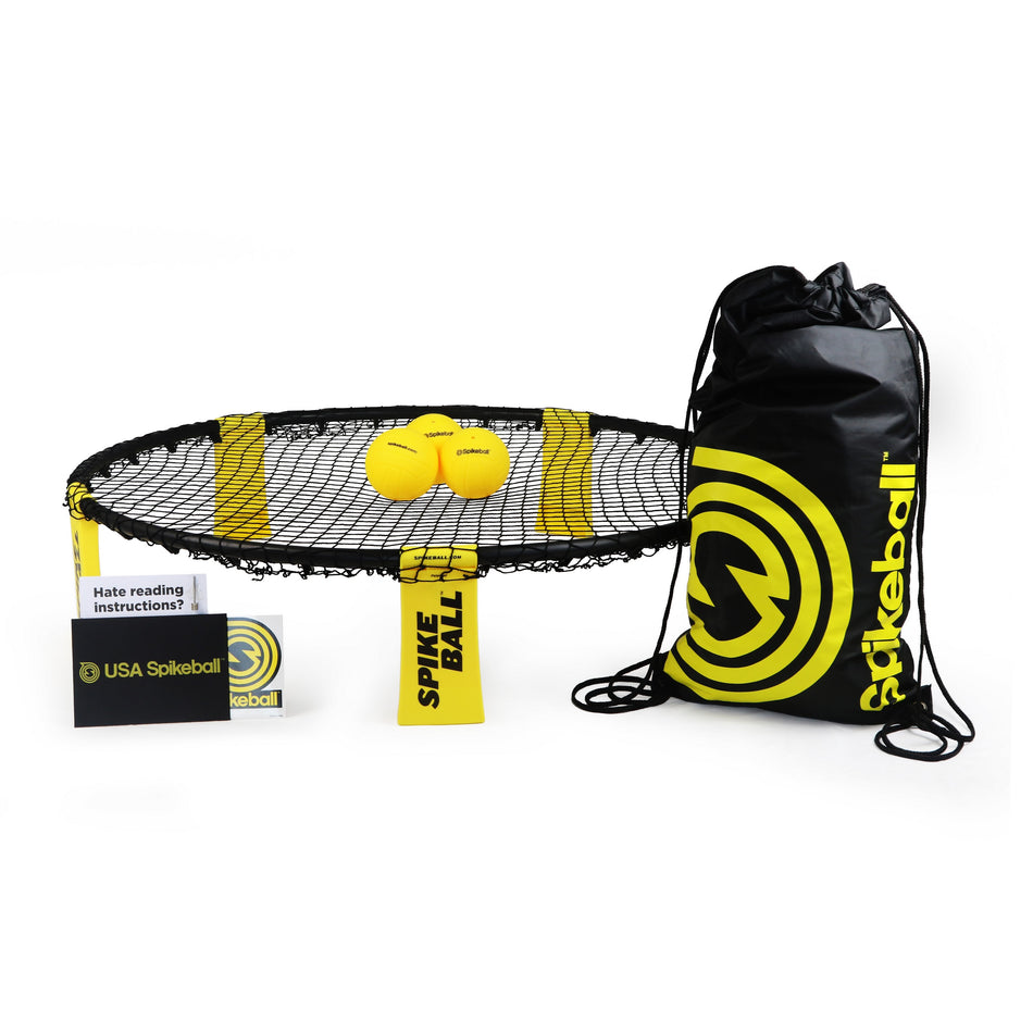 The Kankakee Spikeball Standard Set features a round adjustable net with legs, three yellow balls, a rule booklet, and a black drawstring bag with the yellow logo—ideal for fun outdoor games.