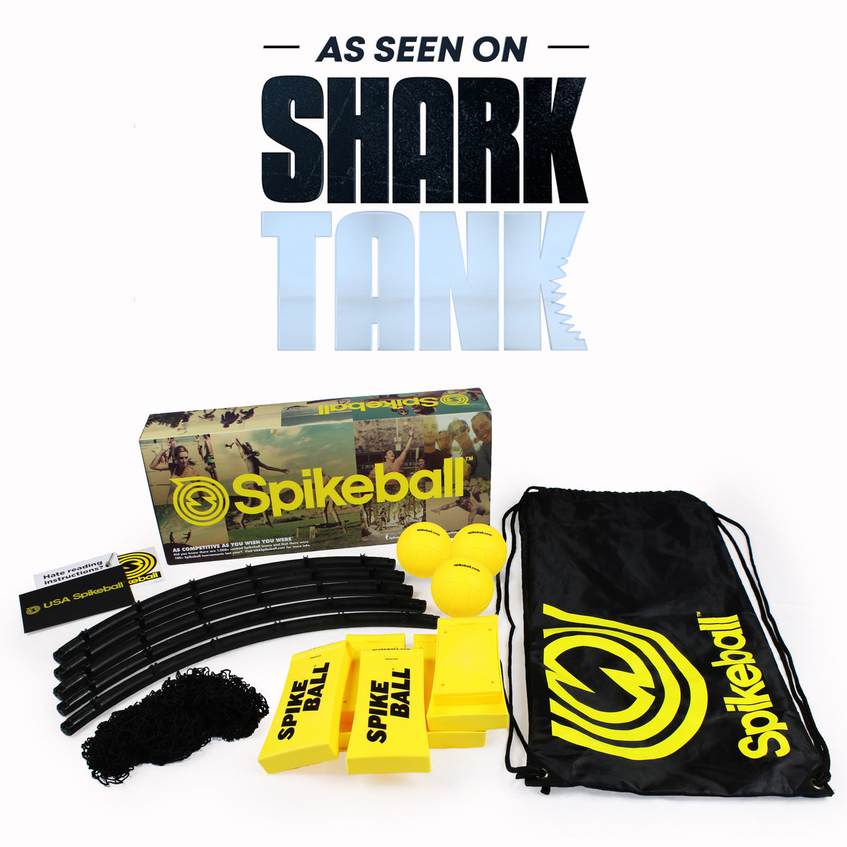 The Kankakee Spikeball Standard Set features a net, balls, frame pieces, instructions, and carrying bag—an exciting outdoor game with adjustable net. Displayed under "As Seen On Shark Tank.