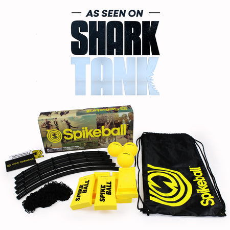 The Kankakee Spikeball Standard Set features a net, balls, frame pieces, instructions, and carrying bag—an exciting outdoor game with adjustable net. Displayed under "As Seen On Shark Tank.