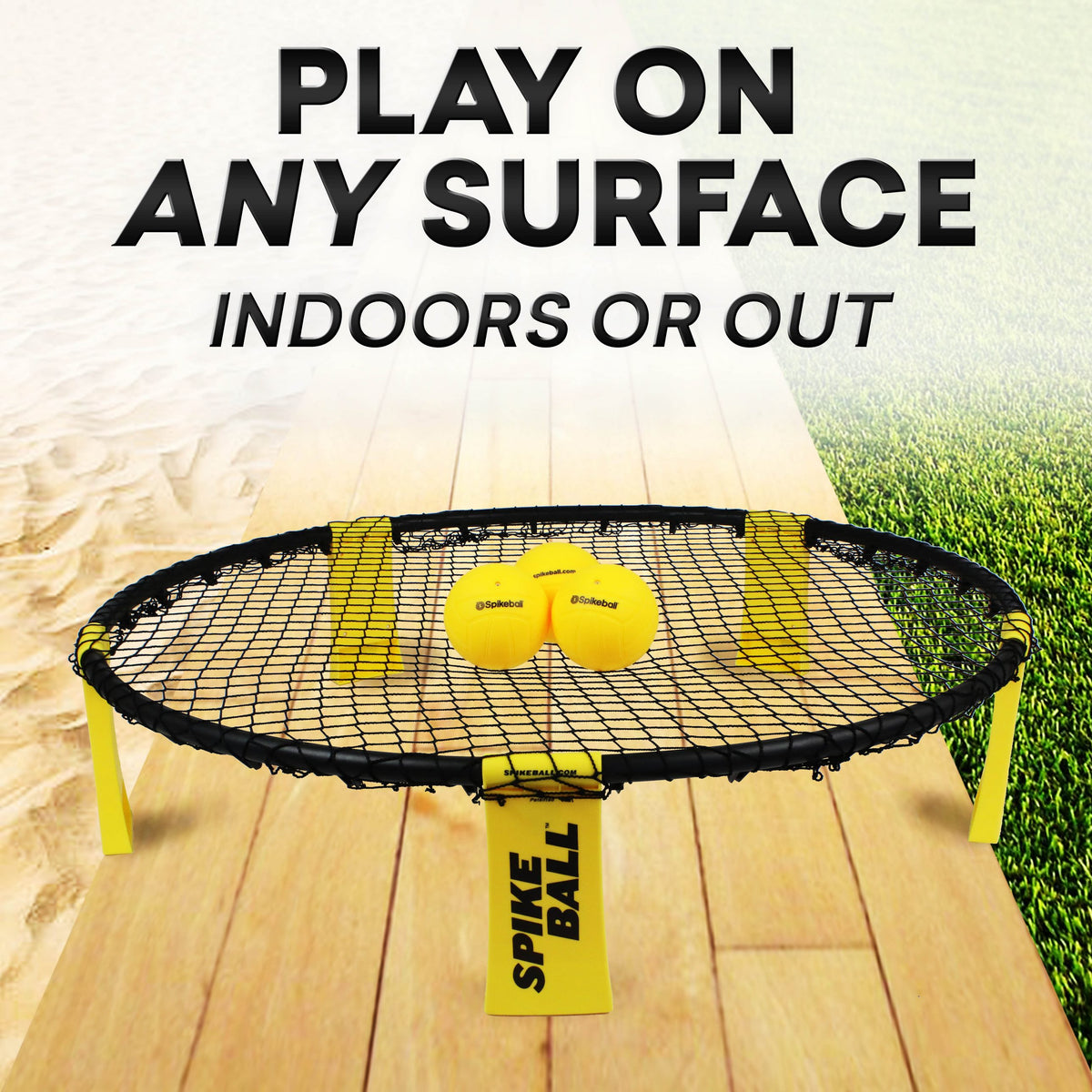 The Kankakee Spikeball Standard Set rests on a wooden surface, perfect for any outdoor sports game.