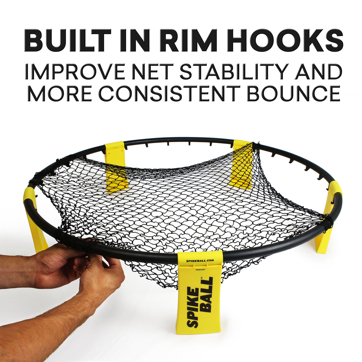 A pair of hands assembles the Kankakee Spikeball Standard Set with yellow legs and built-in rim hooks. Text above reads: BUILT IN RIM HOOKS. IMPROVE NET STABILITY AND CONSISTENT BOUNCE in this outdoor game.