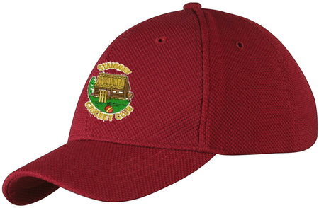 The Stanway CC GN Baseball Cap by Gray Nicolls is a maroon hat featuring an embroidered thatched building logo with “Stamnar Cricket Club” in yellow—a stylish essential for Stanway CC supporters.