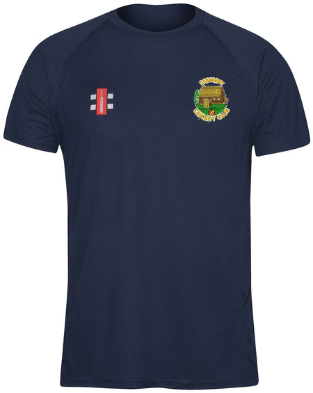 The Gray Nicolls Stanway CC Matrix V2 T Shirt is a navy blue short-sleeve training top with a Stanway CC crest on the left chest and a red and white vertical lined logo on the right. Made from moisture-wicking fabric for an athletic fit.