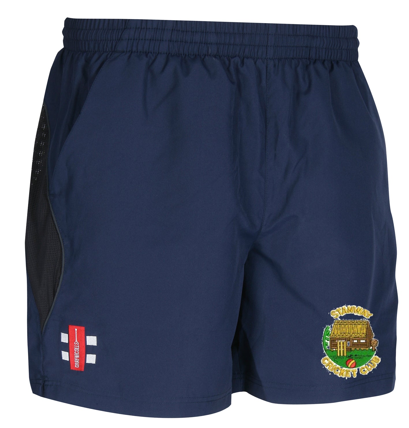 The Gray Nicolls Stanway CC Velocity Training Shorts are navy blue with an elastic waistband, black mesh side panels, and two embroidered logos: a red and white shield and a thatched building reading Stinchin Cricket Club.