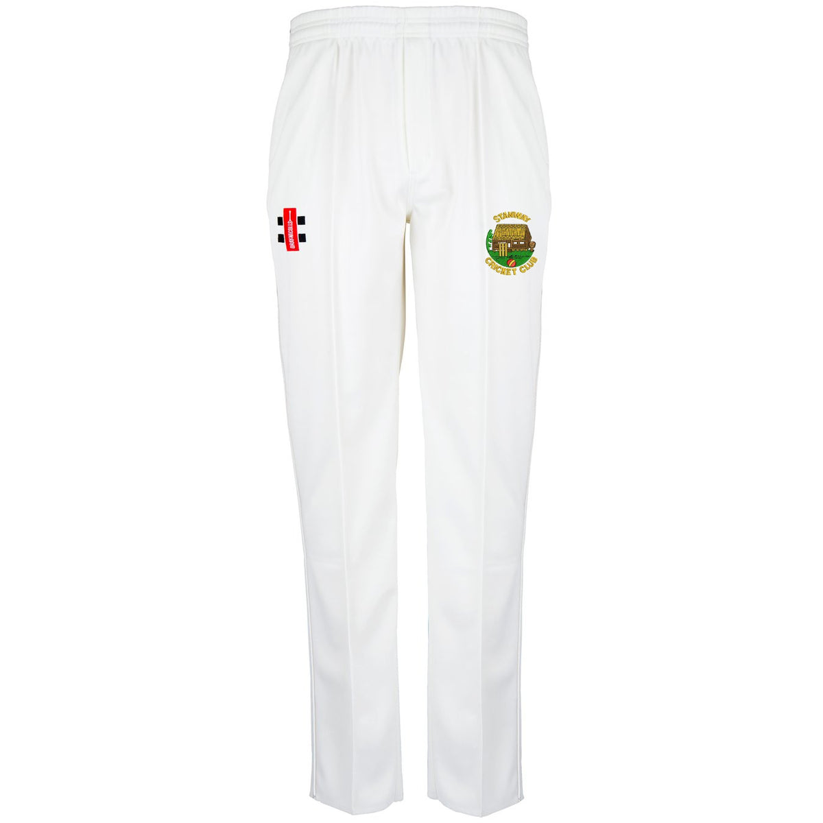 Gray Nicolls Stanway CC Matrix V2 Cricket Trousers in white, featuring an elastic waistband and two embroidered patches: a red, black, and white design on the left thigh, plus the club logo with a green and yellow crest on the right.
