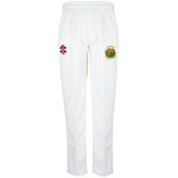 Gray Nicolls Stanway CC Matrix V2 Cricket Trousers in white, featuring an elastic waistband and two embroidered patches: a red, black, and white design on the left thigh, plus the club logo with a green and yellow crest on the right.