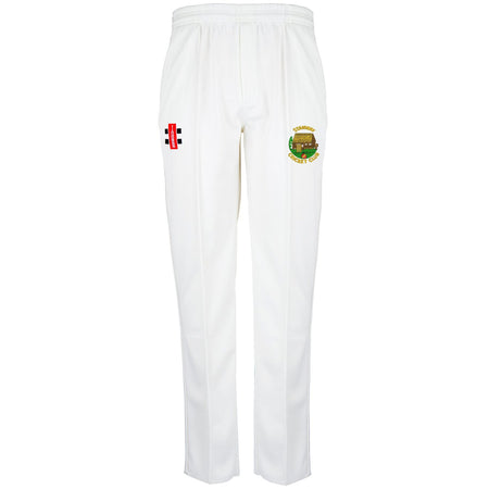 Gray Nicolls Stanway CC Matrix V2 Cricket Trousers in white, featuring an elastic waistband and two embroidered patches: a red, black, and white design on the left thigh, plus the club logo with a green and yellow crest on the right.