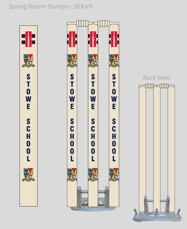 Illustration of four Gray Nicolls Custom Printed Spring Back Stumps with Stowe School text and crest, showing front and back. These 28-inch cricket training stumps have spring return bases and red labels on top.