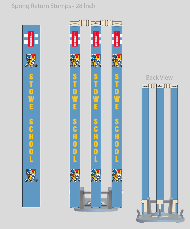 Illustration of 28-inch Gray Nicolls Custom Printed Spring Back Stumps in blue, labeled STOWE SCHOOL with crest and red sponsor logos. Shows front, side, and back views.