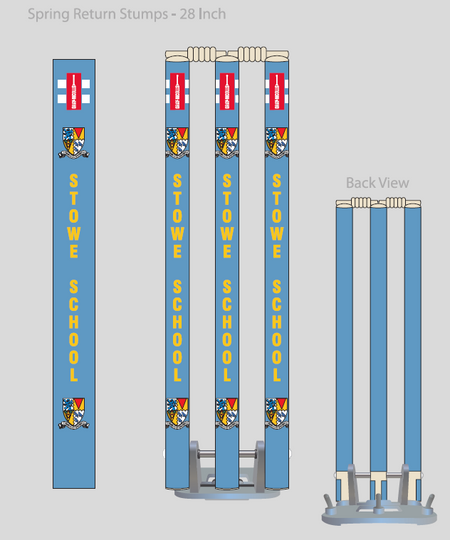 Illustration of 28-inch Gray Nicolls Custom Printed Spring Back Stumps in blue, labeled STOWE SCHOOL with crest and red sponsor logos. Shows front, side, and back views.