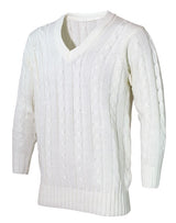 The Hunts County Plain Cricket Sweater features long sleeves, a V-neck, classic cable knit pattern, and ribbed cuffs and hem.