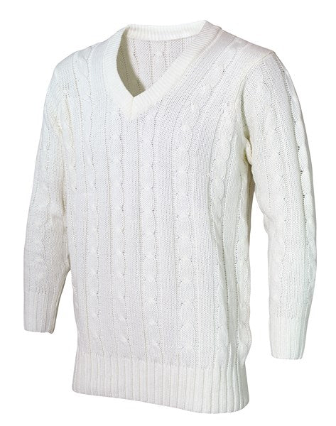 The Hunts County Plain Cricket Sweater features long sleeves, a V-neck, classic cable knit pattern, and ribbed cuffs and hem.